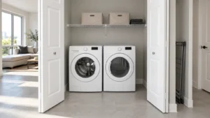 White laundry machines and fabric shelf bins beside a separate nook for a folded drying rack