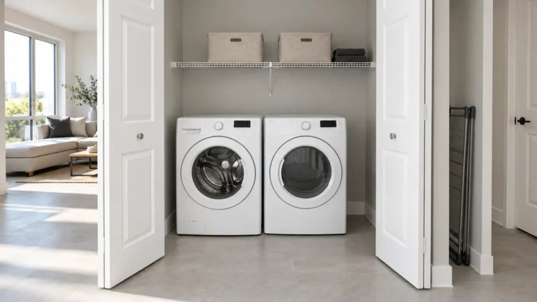 White laundry machines and fabric shelf bins beside a separate nook for a folded drying rack