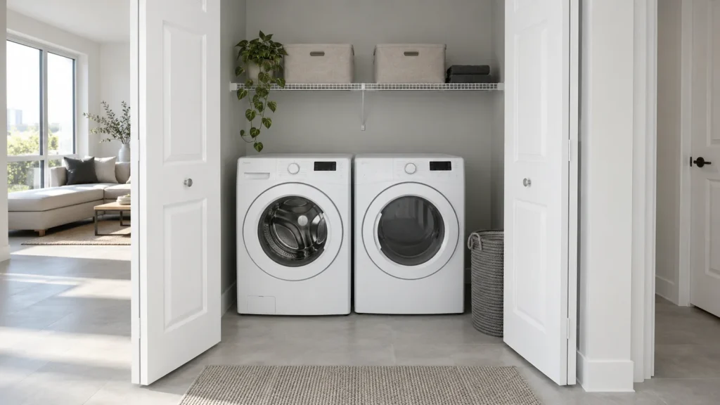 White laundry machines beneath fabric bins and a trailing plant in an open grey closet