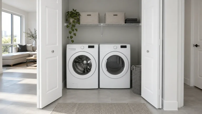 White laundry machines beneath fabric bins and a trailing plant in an open grey closet