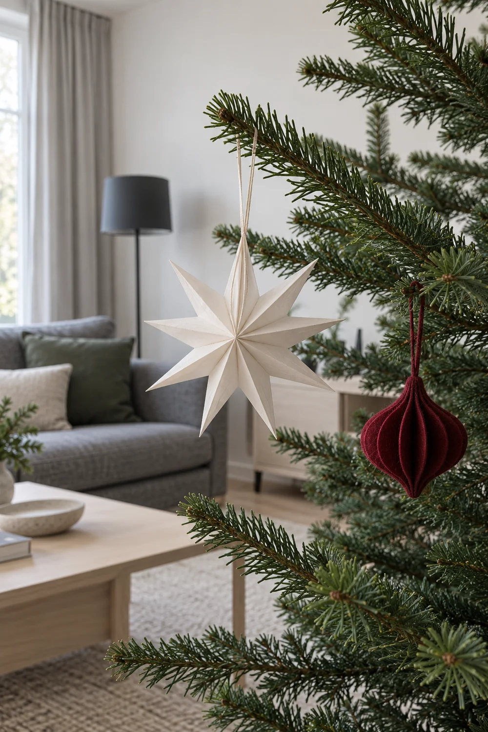White paper star and oxblood felt ornament hanging on separate green branches
