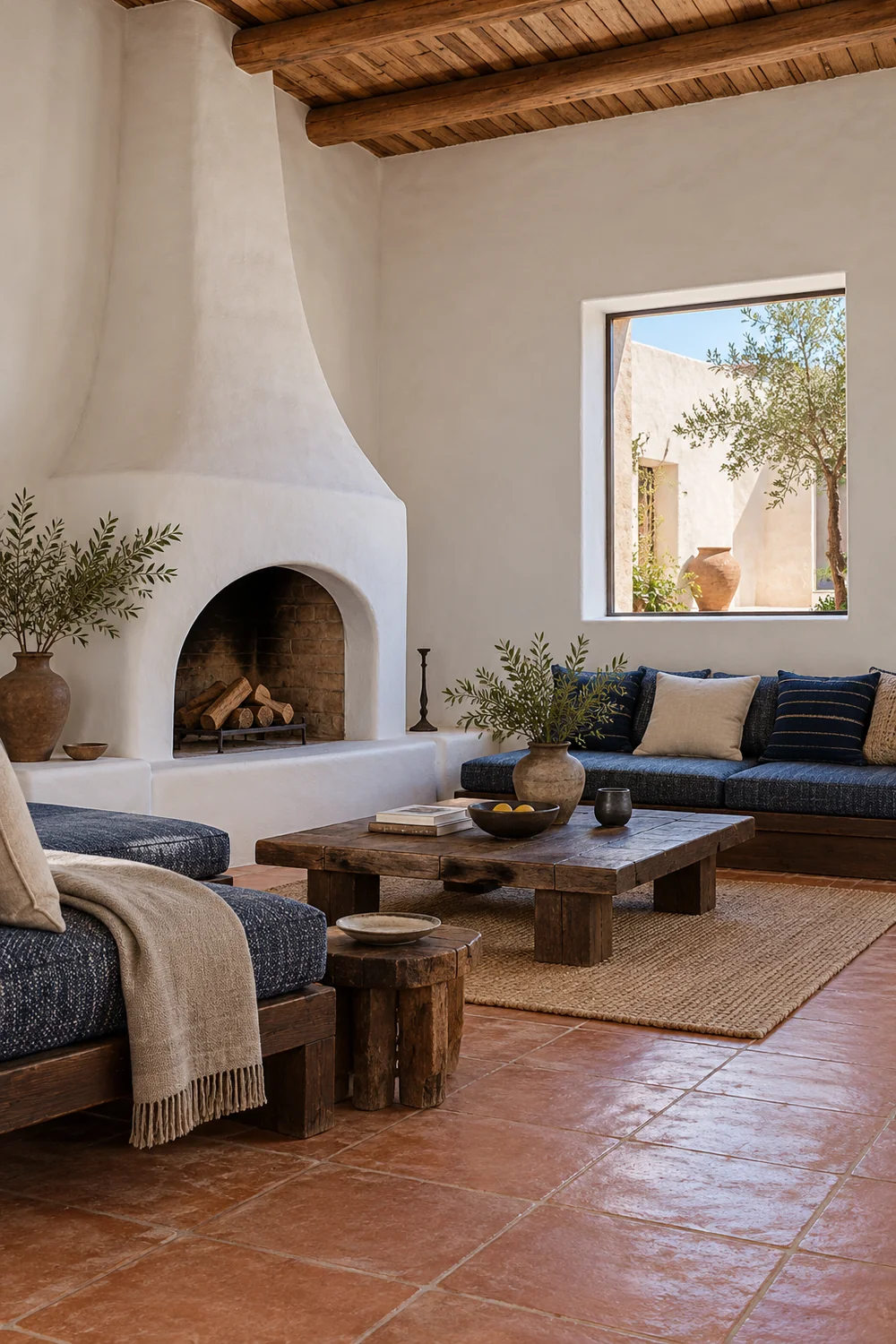 White plaster fireplace and dark blue seating above terracotta flooring