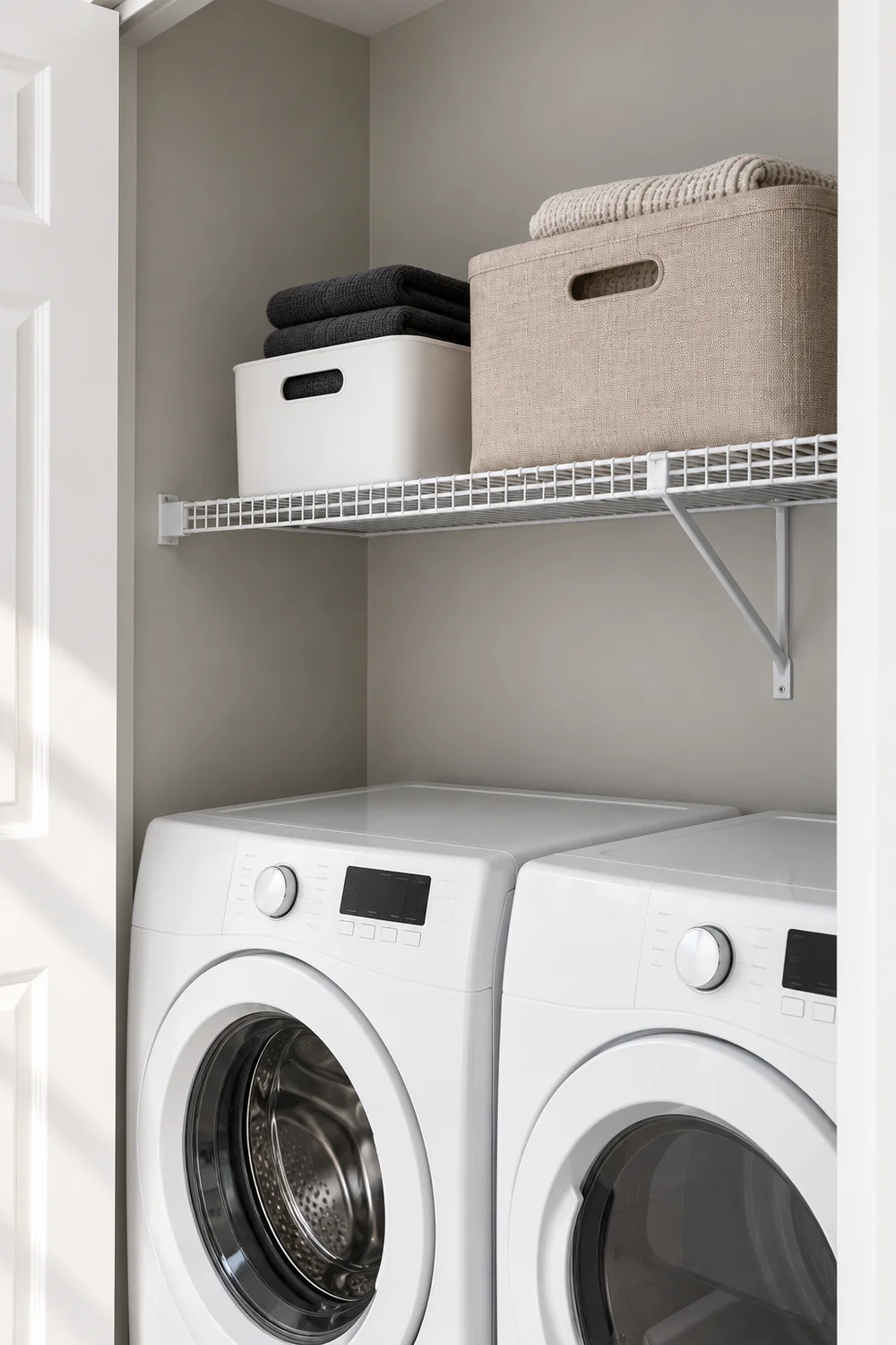 White rigid bin and mushroom fabric bin holding folded cloths on a white wire shelf