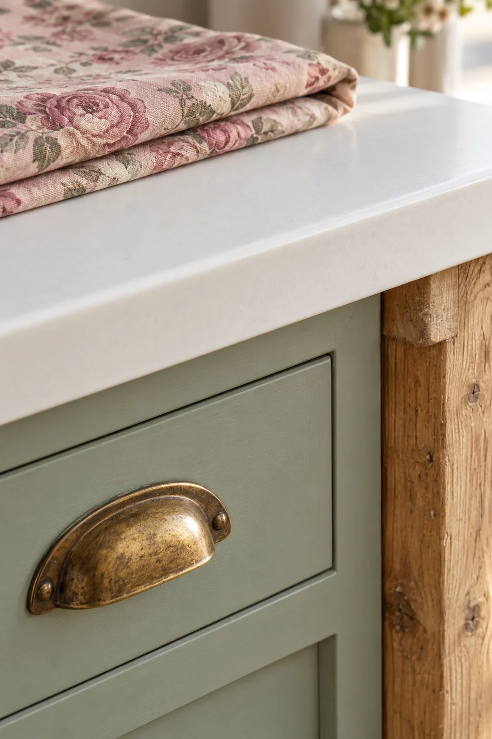 White sewing worktop edge above a sage drawer and brass cup handle