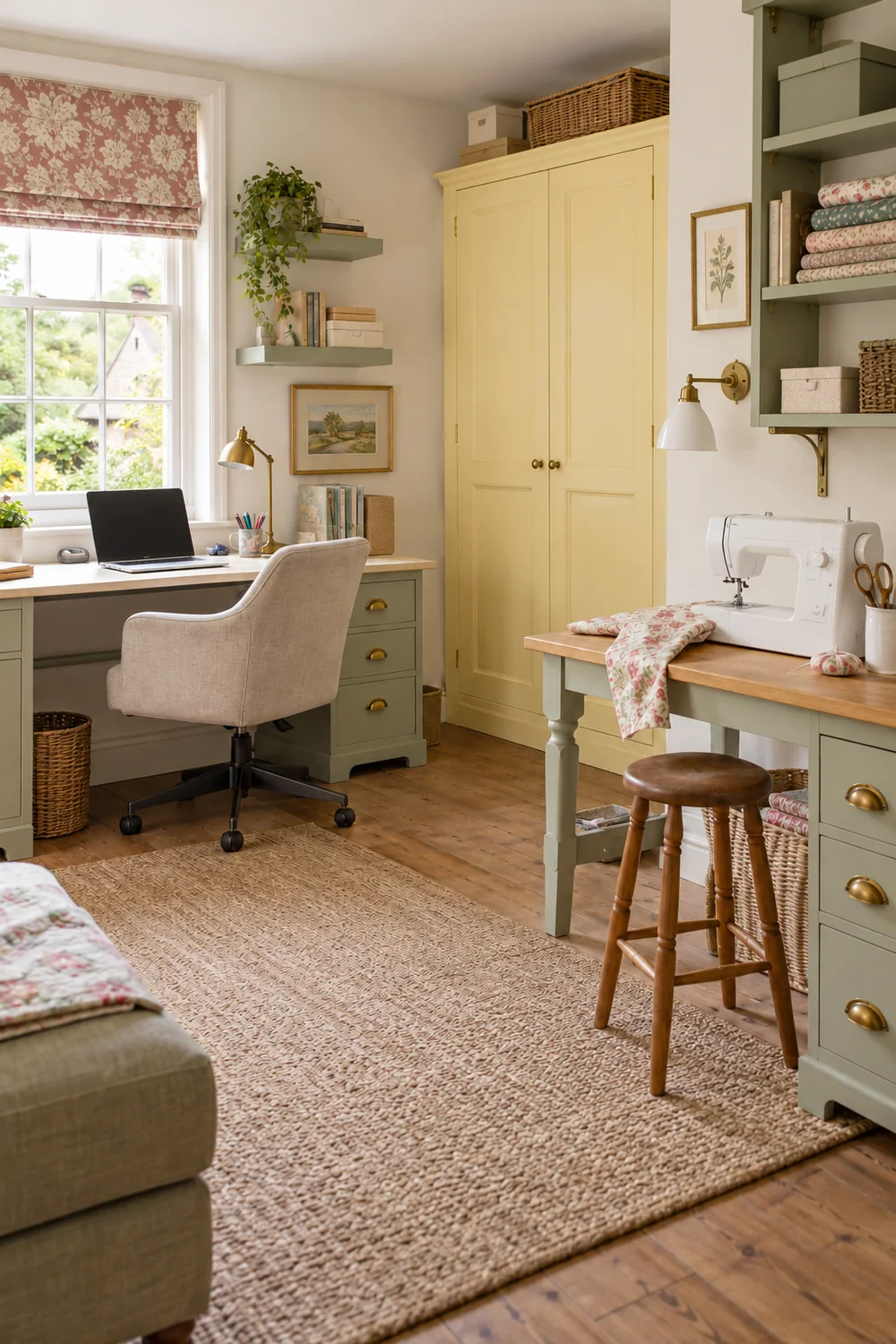 White topped sewing table and laptop desk arranged around a clear floor