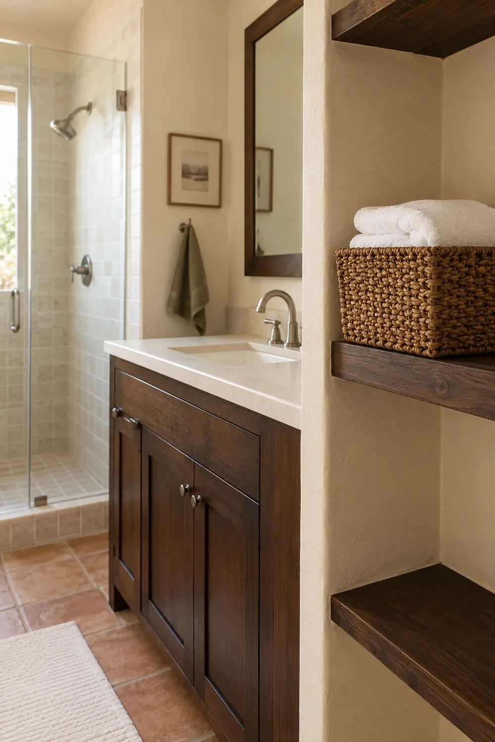 White towels in a woven basket on a dry shelf beside a bathroom vanity