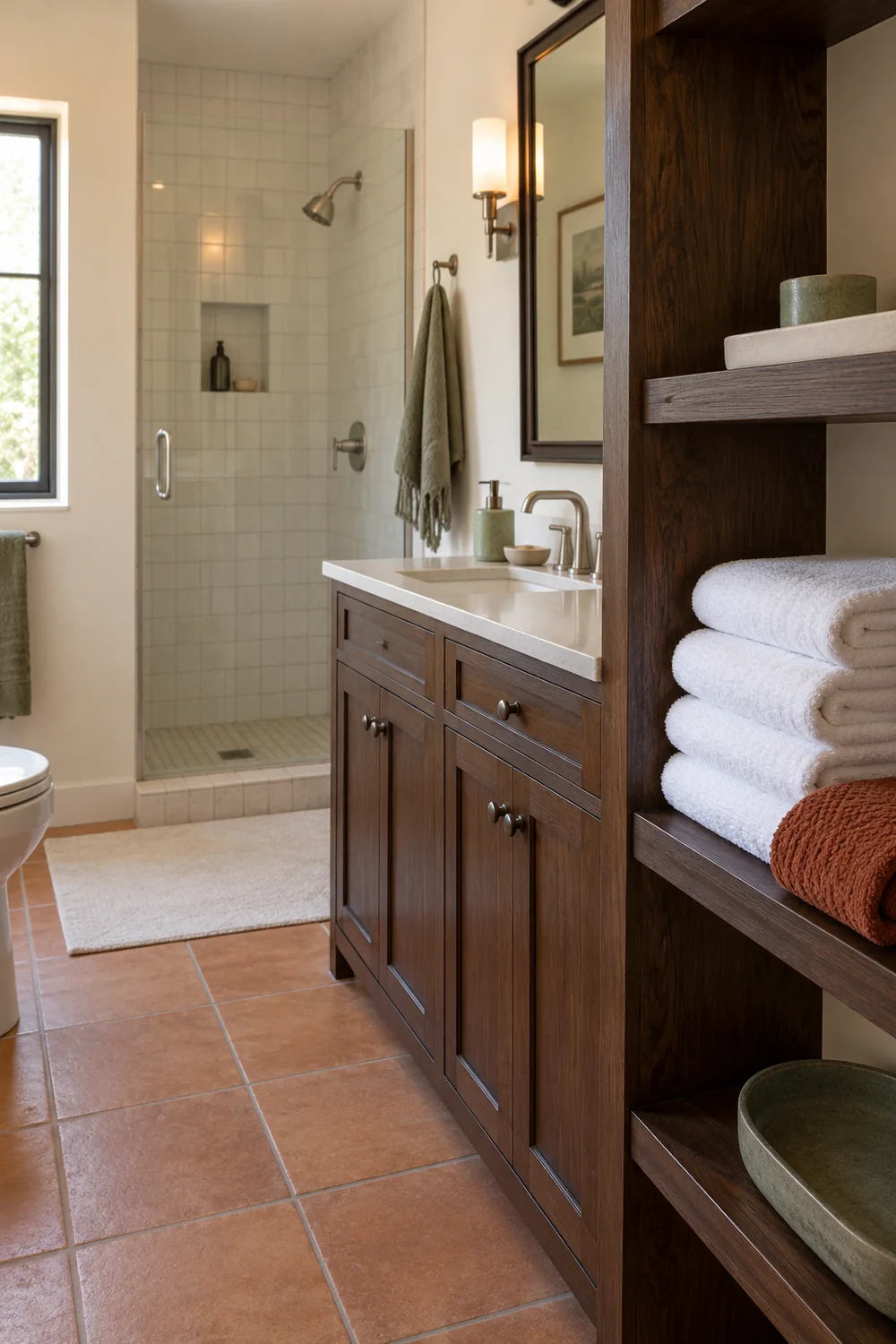 White towels on dark timber bathroom shelves beside a walnut vanity and tiled shower
