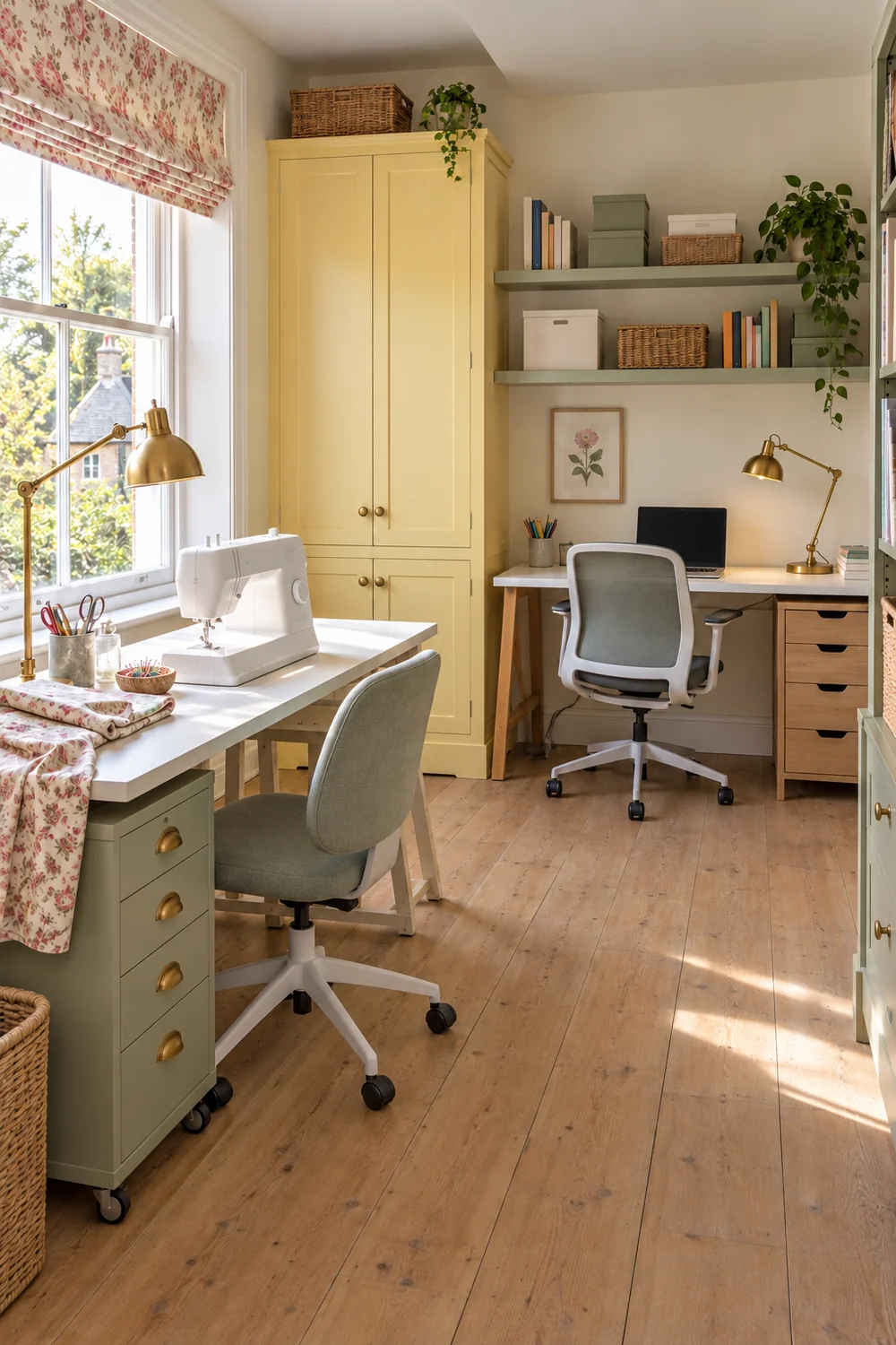 Window daylight falling across a sewing surface and a separate laptop desk