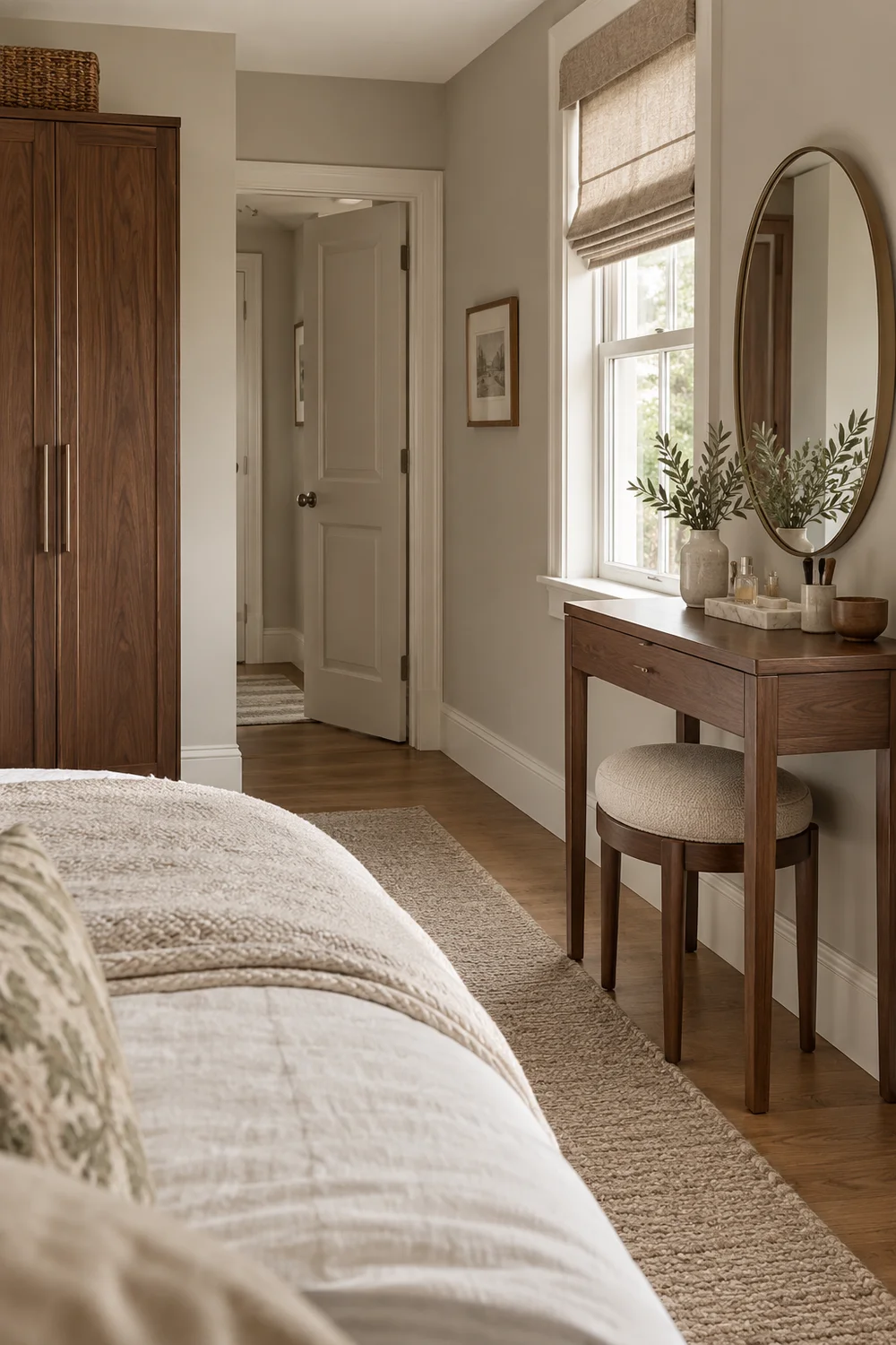 Window wall vanity arrangement with clear path around bed