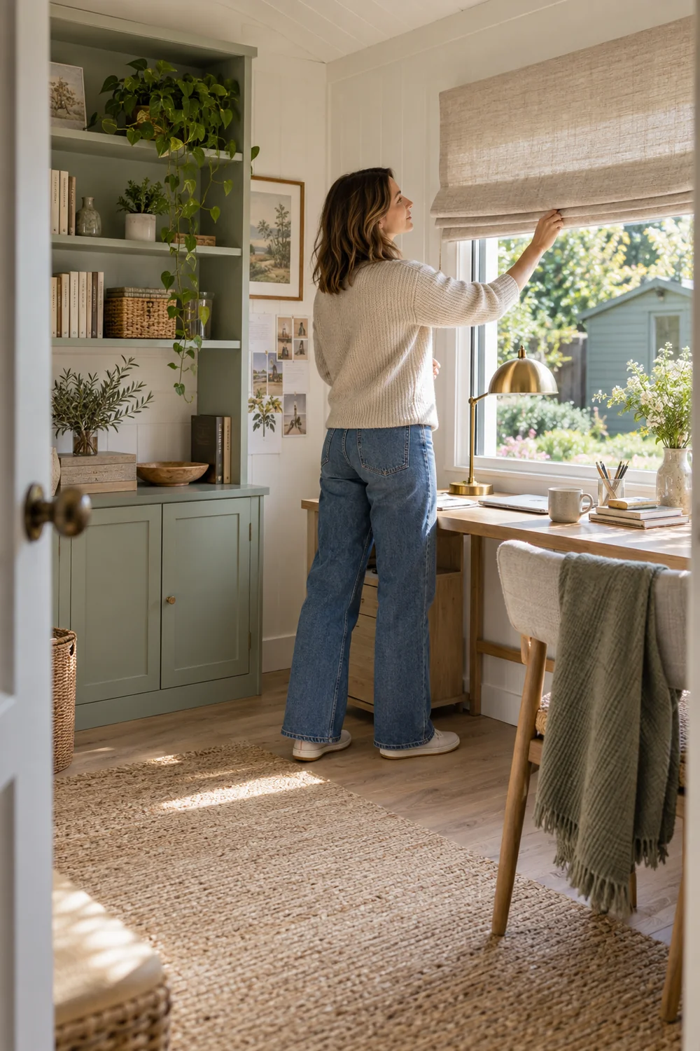 Woman adjusting a linen shade in her garden office after use