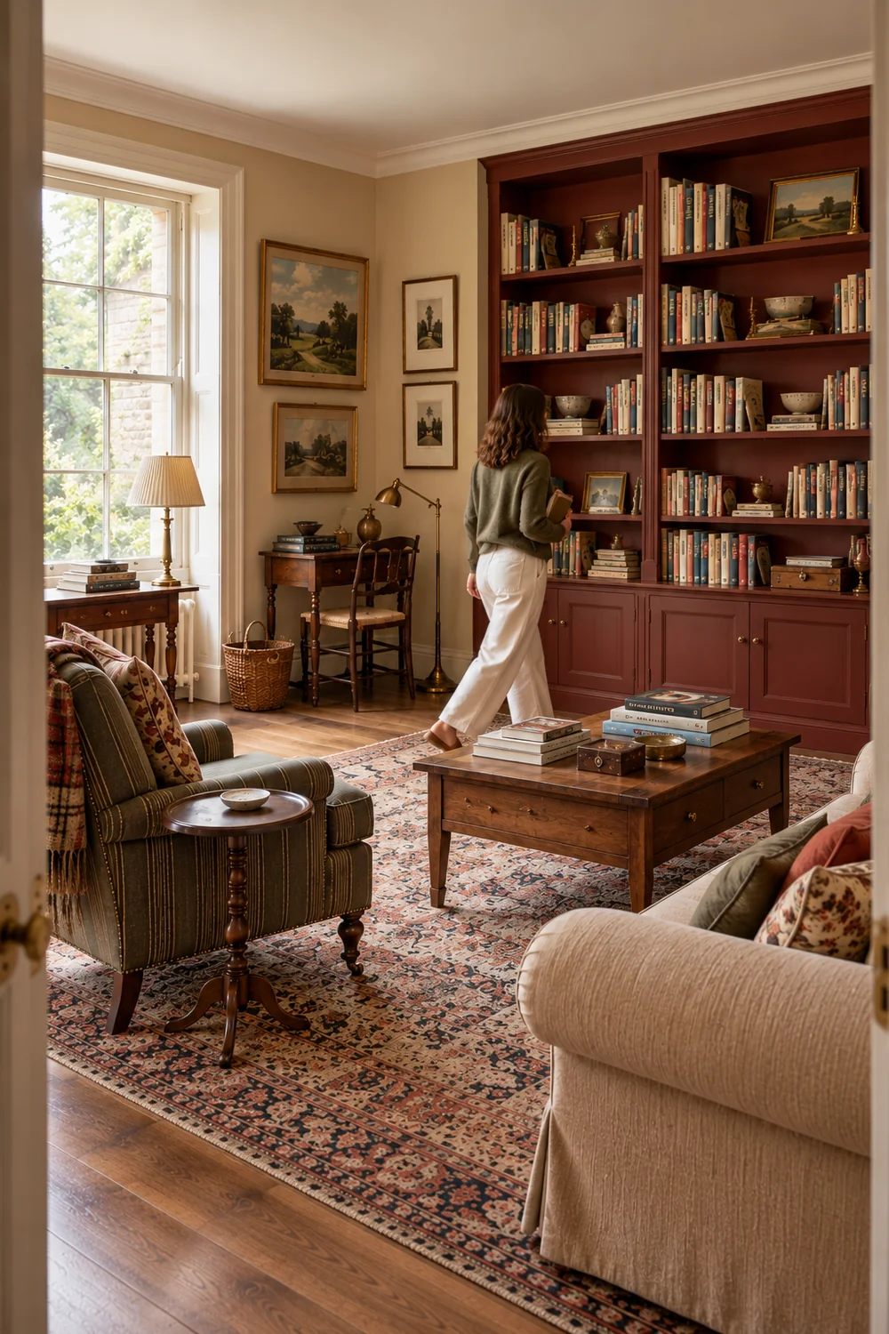 Woman carrying a book along the clear route between a reading chair and walnut shelves