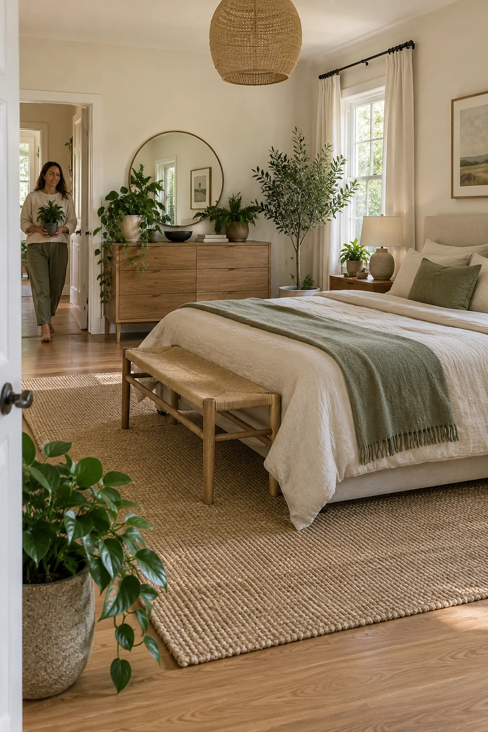 Woman carrying a potted plant through an earthy bedroom with a timber chest