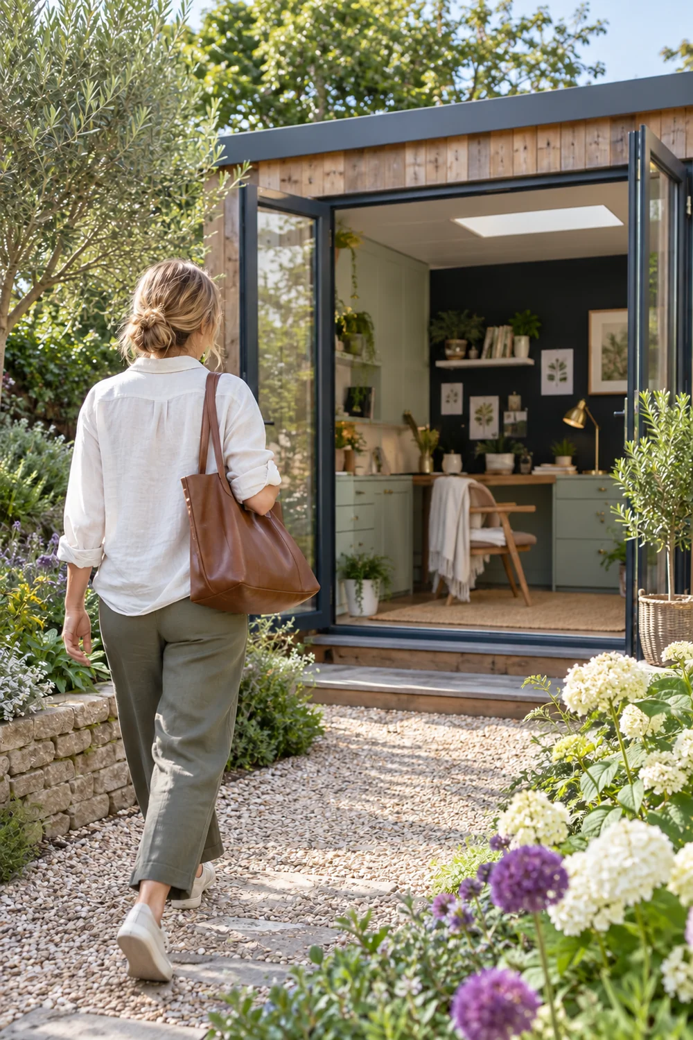 Woman carrying a work bag along a path toward the garden office