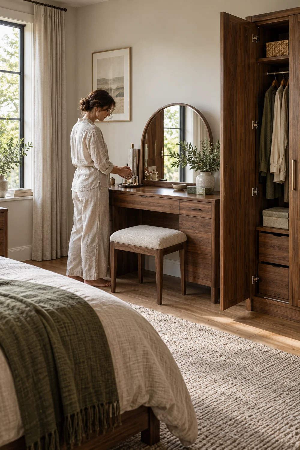 Woman checking vanity setup while wardrobe remains open