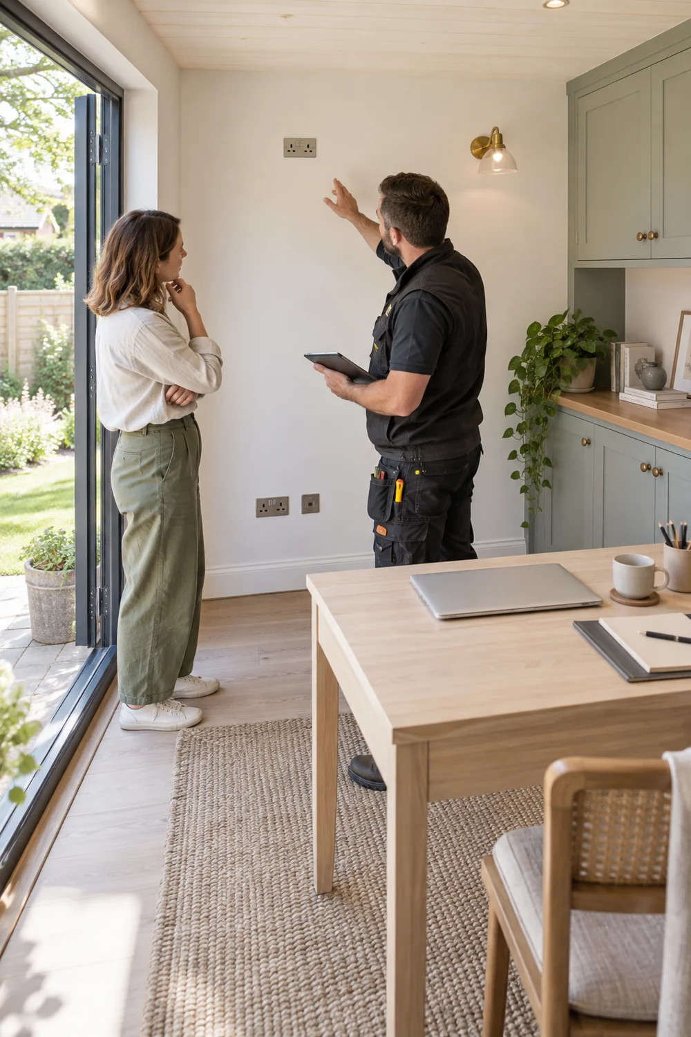 Woman discussing outlet positions with a tradesperson in a garden office