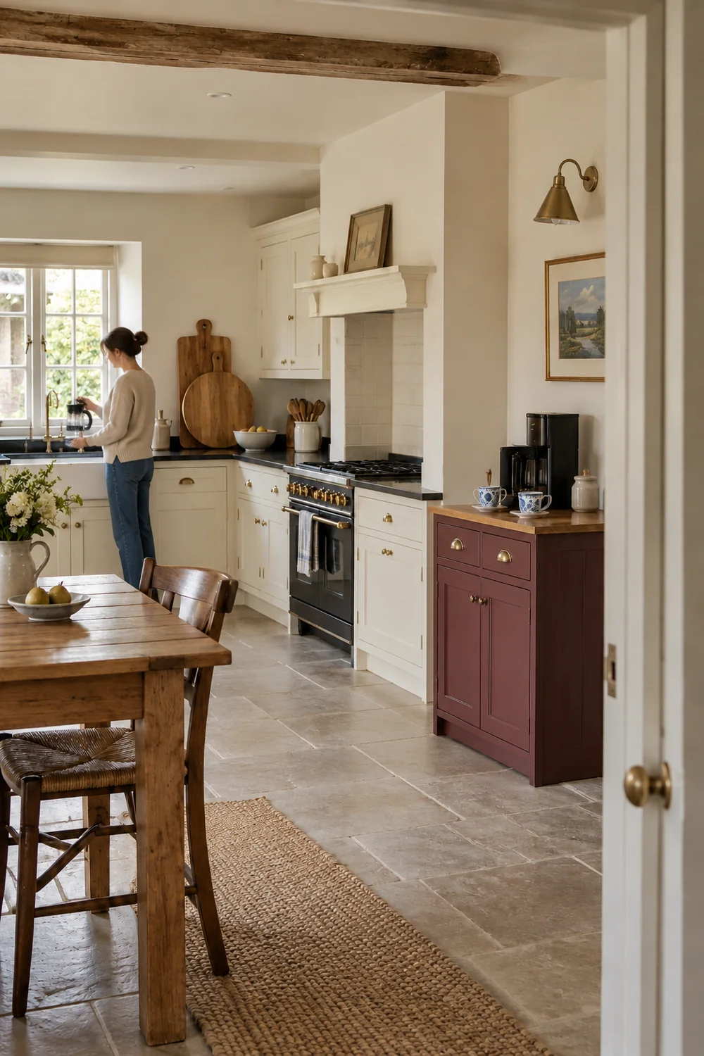 Woman holding a glass coffee jug at a kitchen sink beside a separate coffee cabinet