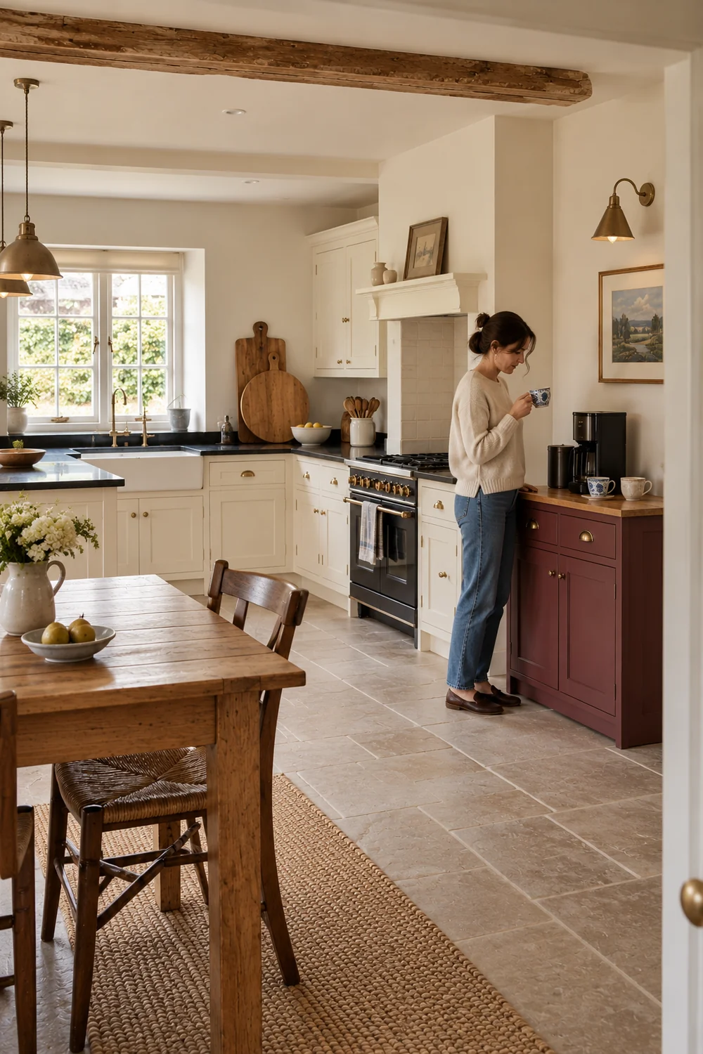 Woman holding a patterned coffee cup beside a burgundy cabinet in a cream kitchen
