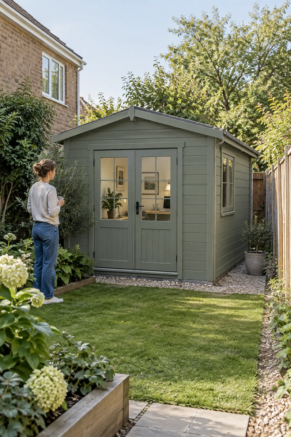 Woman inspecting an existing garden building beside a boundary fence