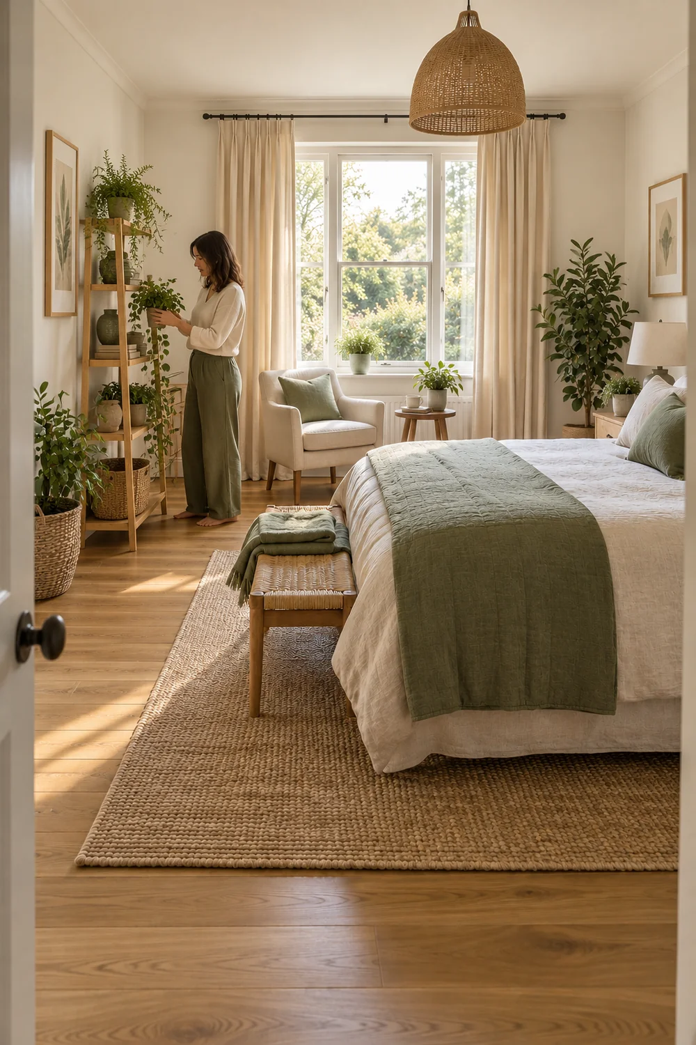 Woman lifting a small potted plant from a timber shelf in an earthy bedroom