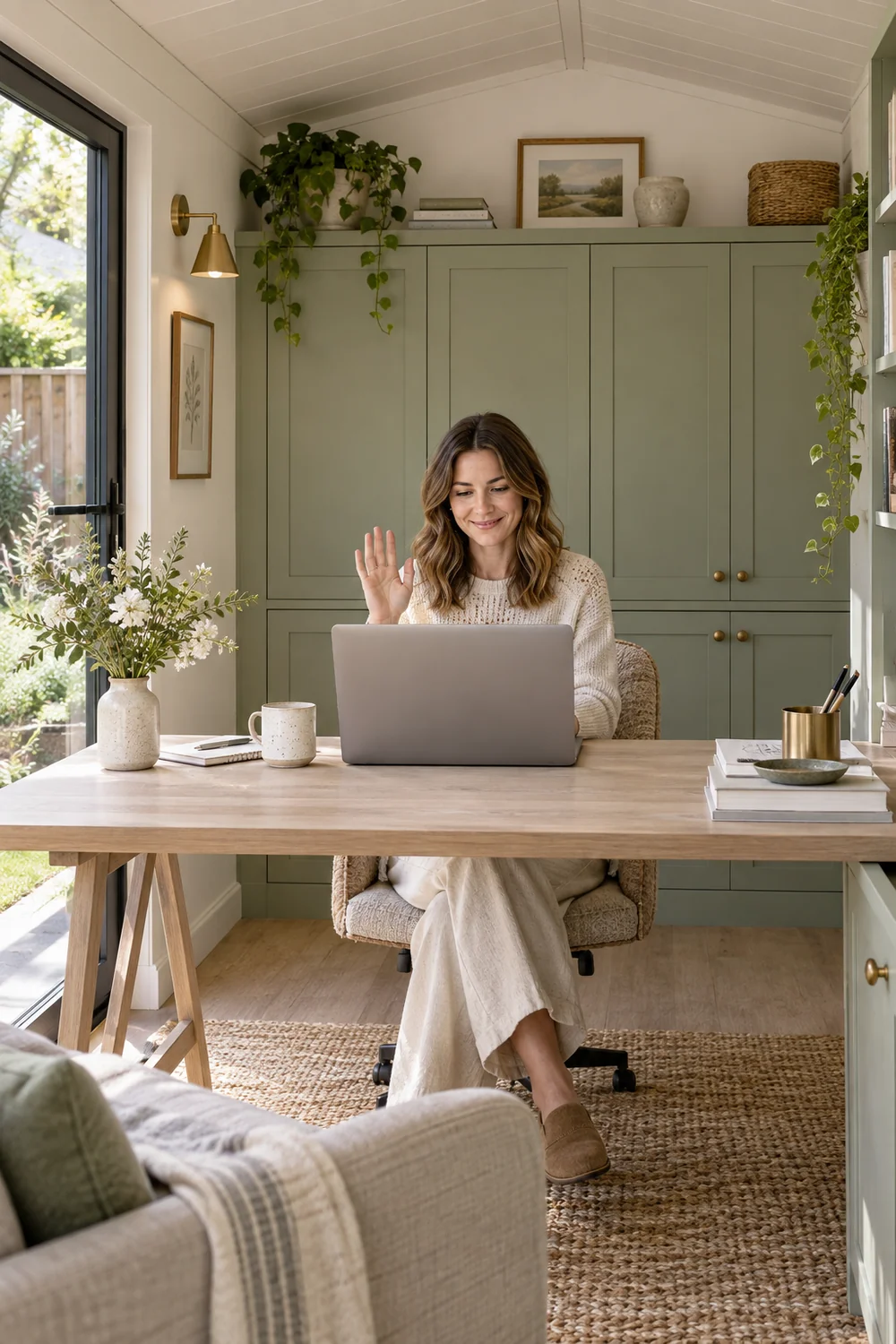 Woman on a video call with a closed sage cabinet behind her