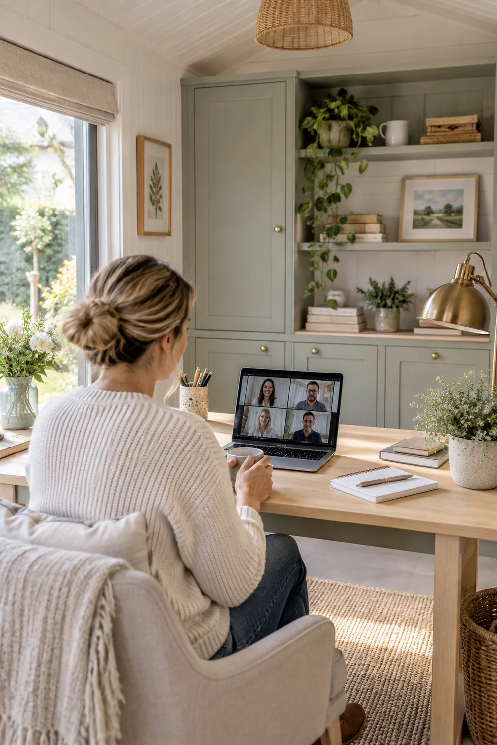 Woman on a video call with sage cabinetry behind her