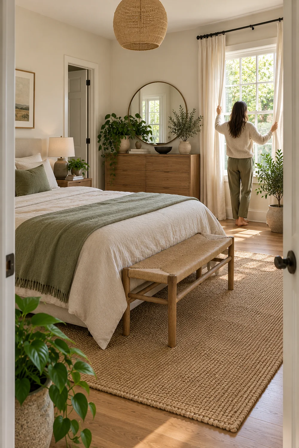 Woman opening cream bedroom curtains beside a timber chest and green plants