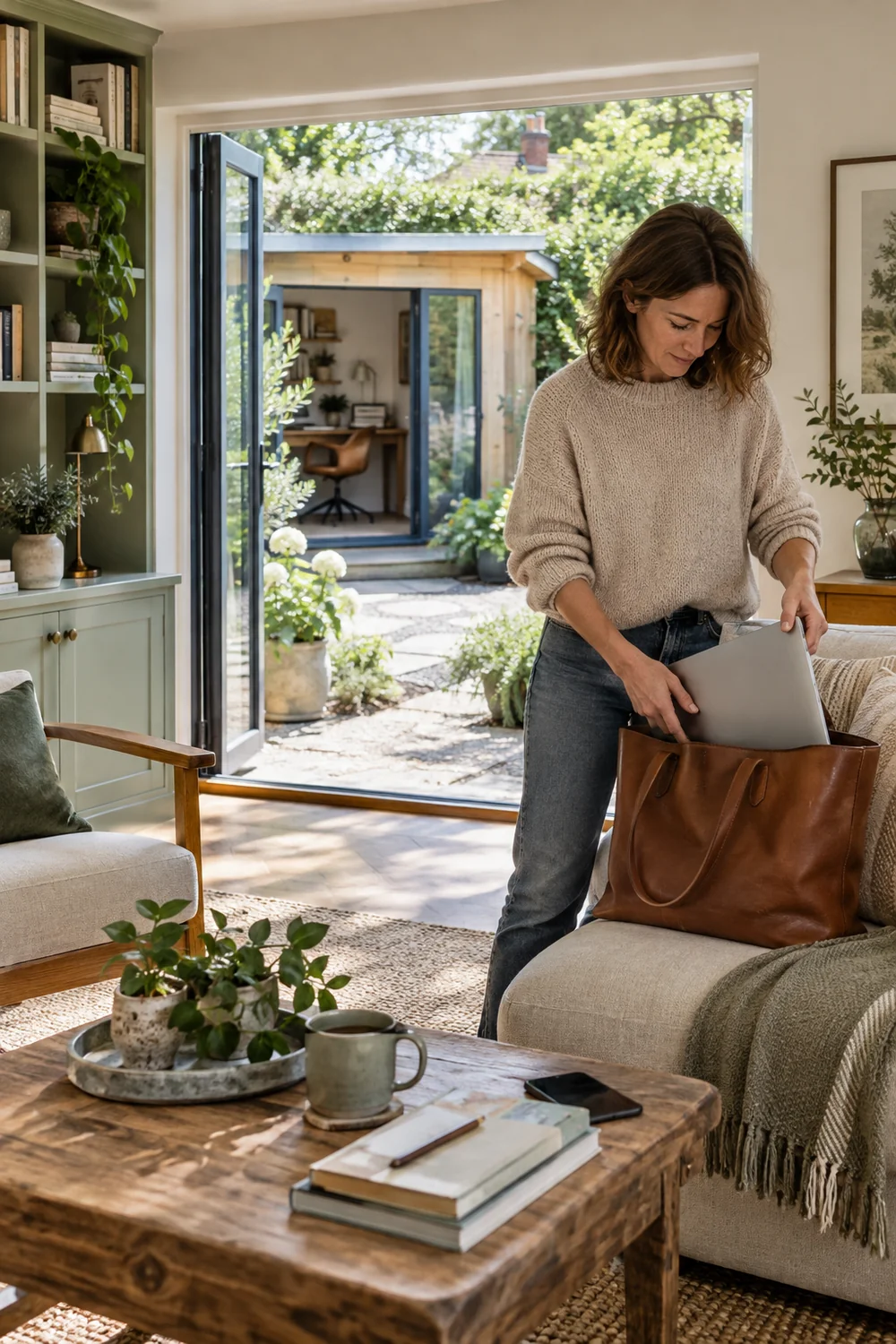 Woman placing her laptop in a bag with a garden office visible through open doors
