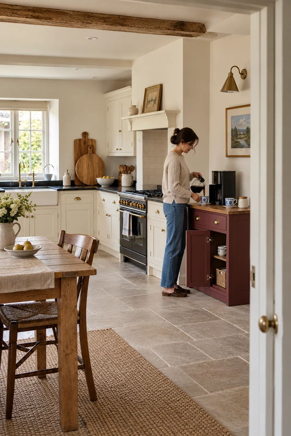 Woman pouring coffee beside an open burgundy cupboard in a cream kitchen