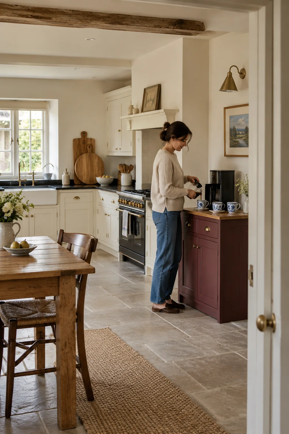 Woman pouring coffee into a blue and white cup beside a burgundy kitchen cabinet