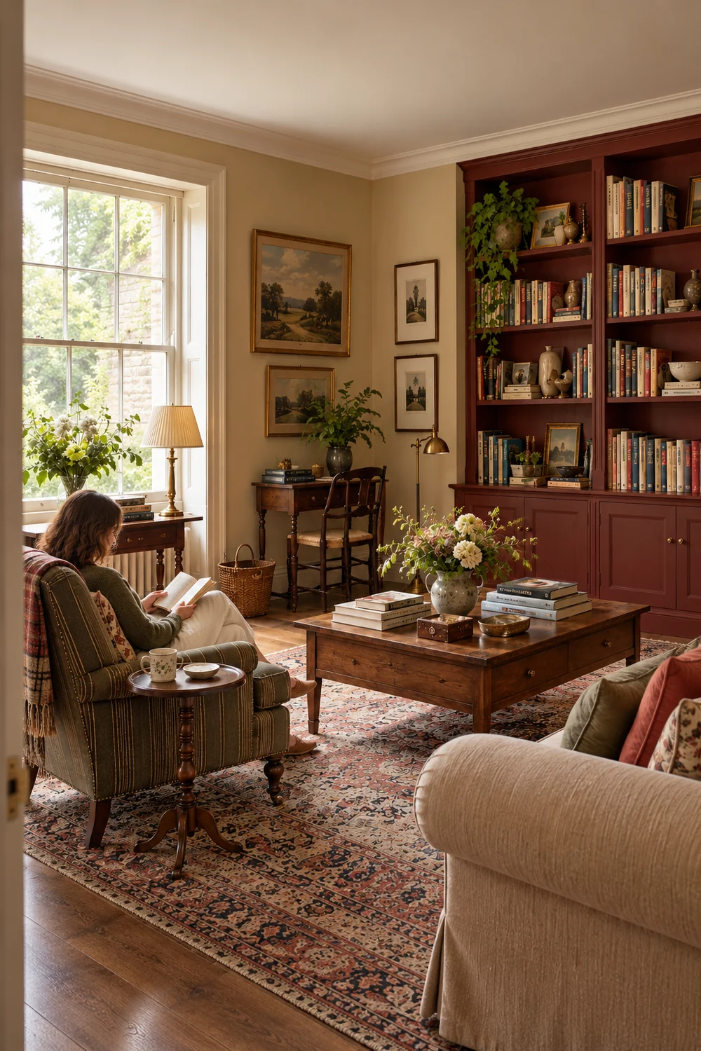 Woman reading beside an olive striped chair and walnut bookshelves in an English country living room