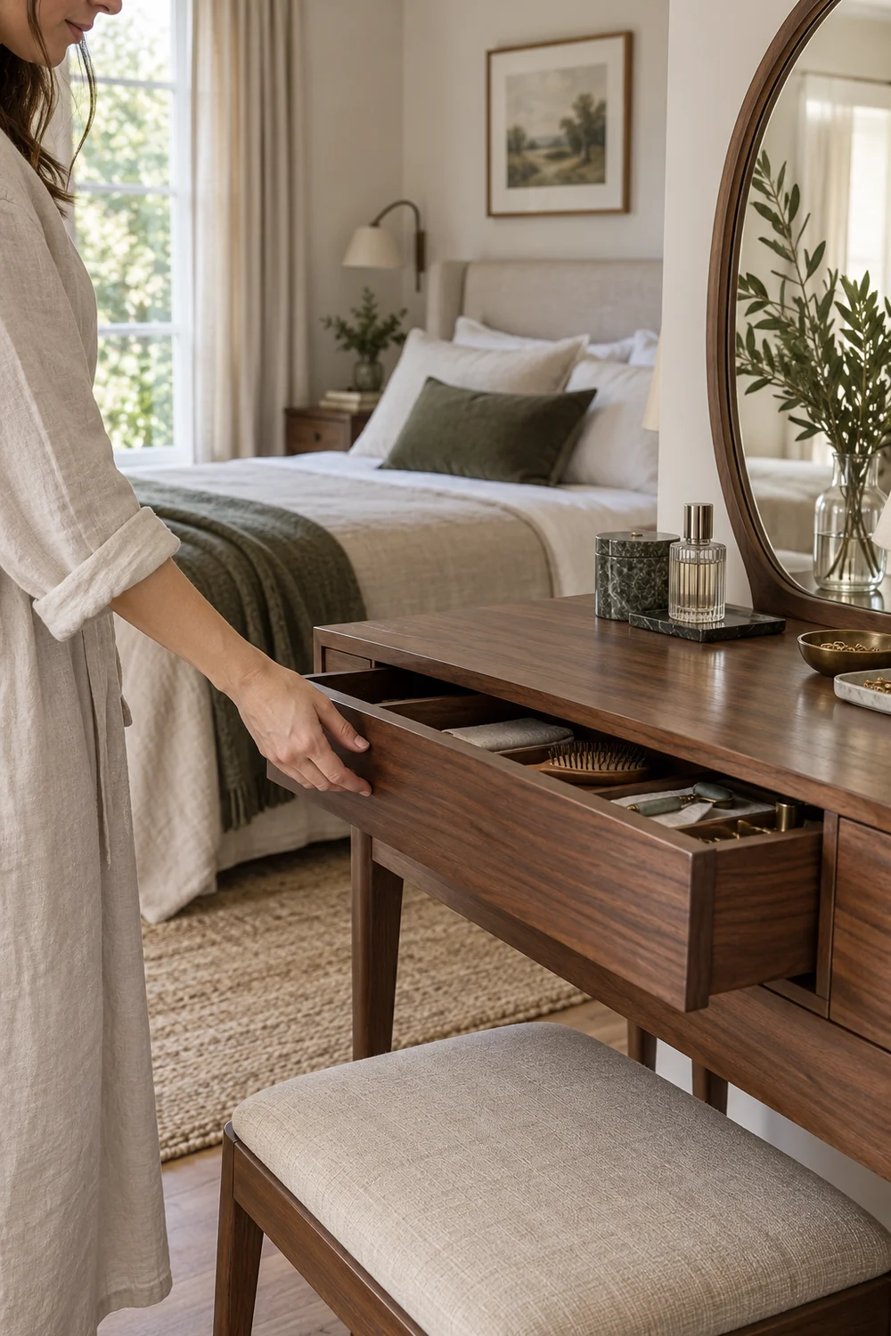 Woman resetting bedroom vanity drawer after ordinary use