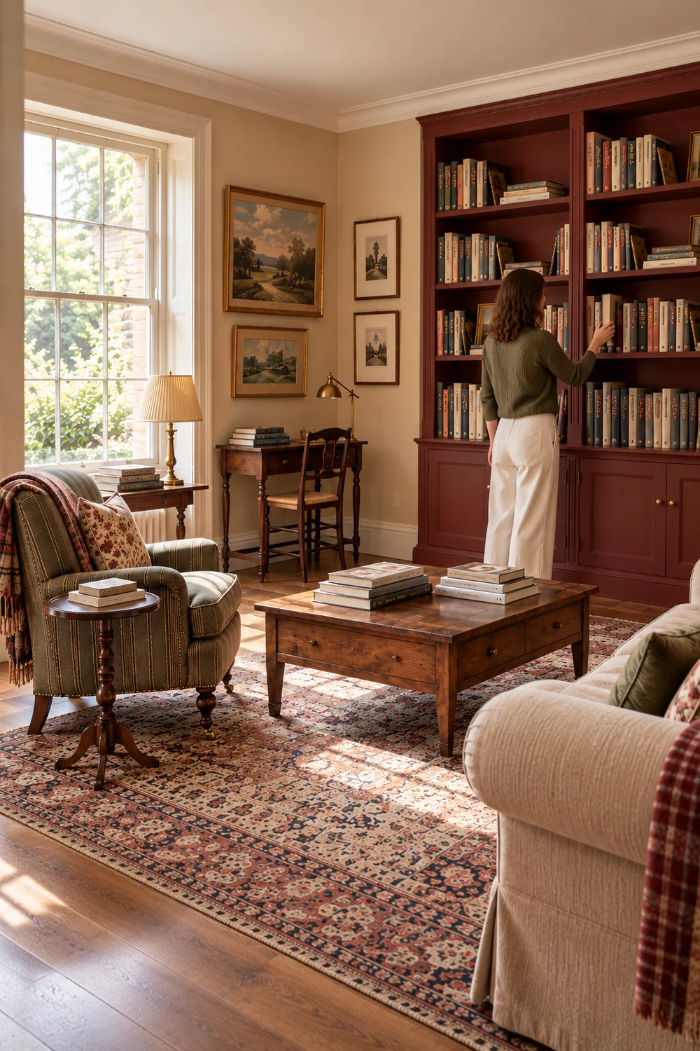 Woman returning a novel to upright books on walnut shelves in an English country living room