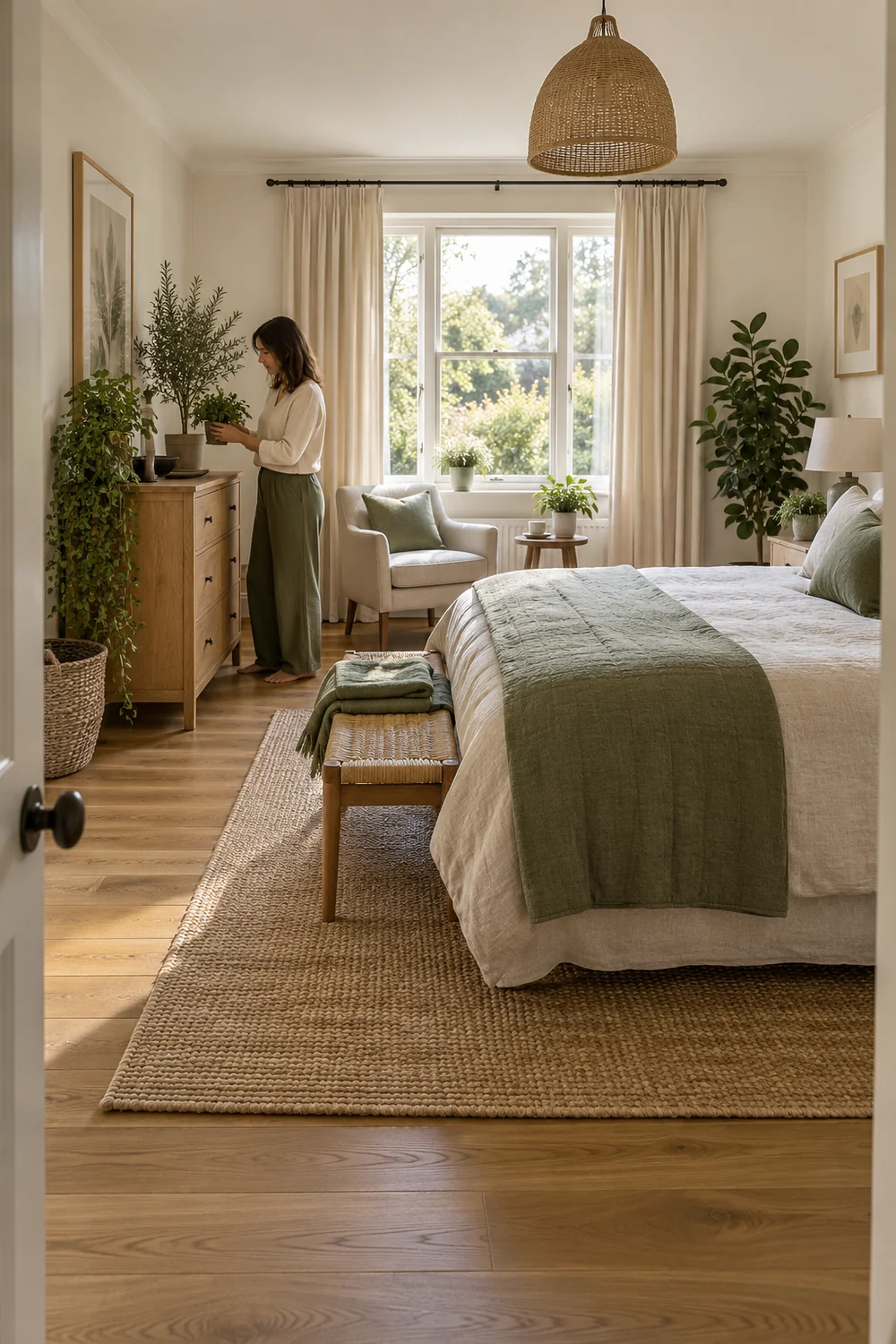 Woman returning a small potted plant to a timber chest in an earthy bedroom