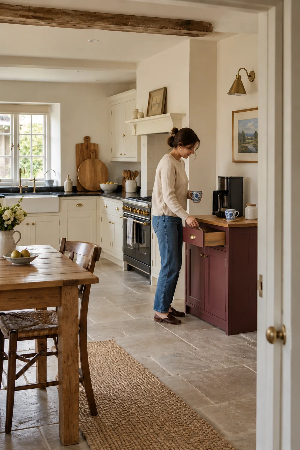 Woman returning a spoon to an open coffee cabinet drawer while holding a patterned cup