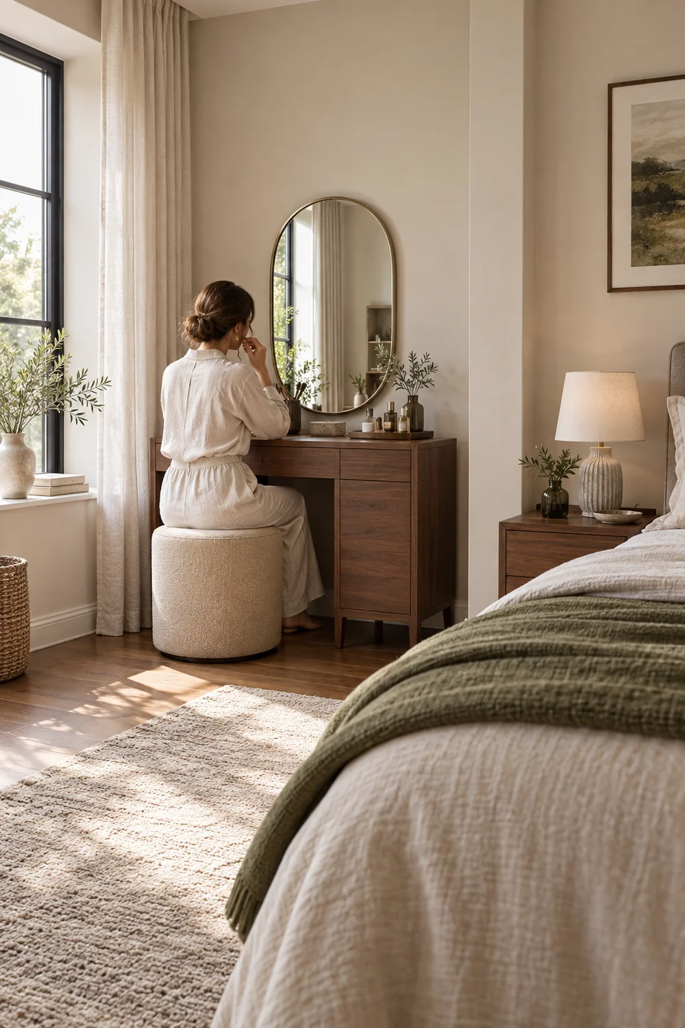 Woman seated at walnut bedroom vanity beside window with bed in view