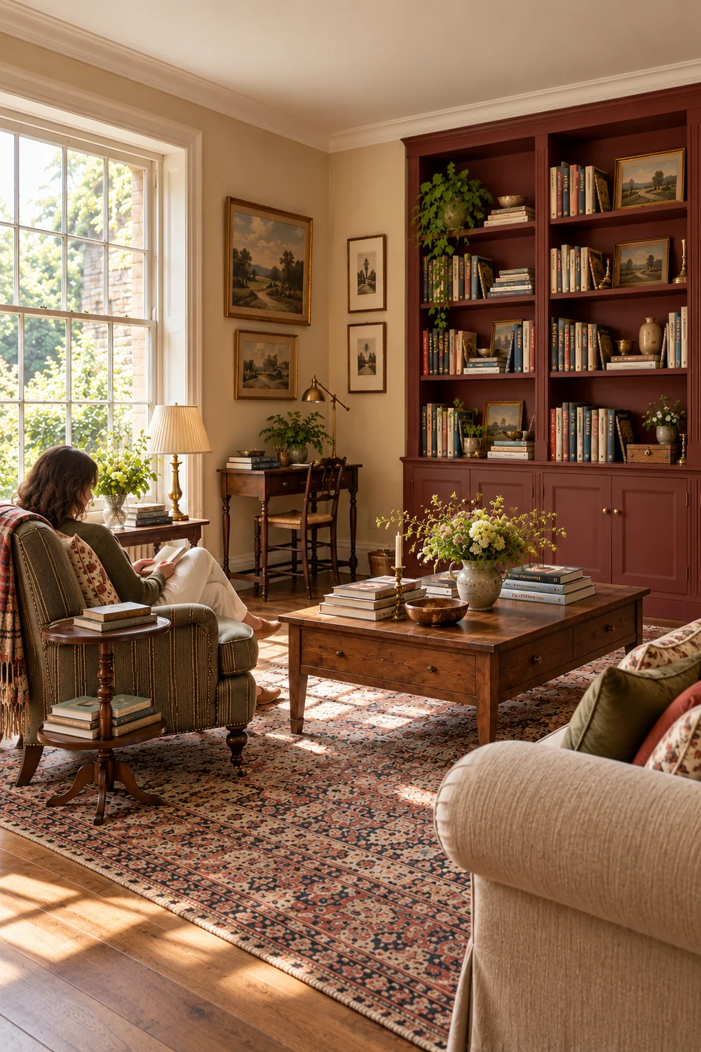 Woman seated with a book beside a walnut table with a lower current reading shelf