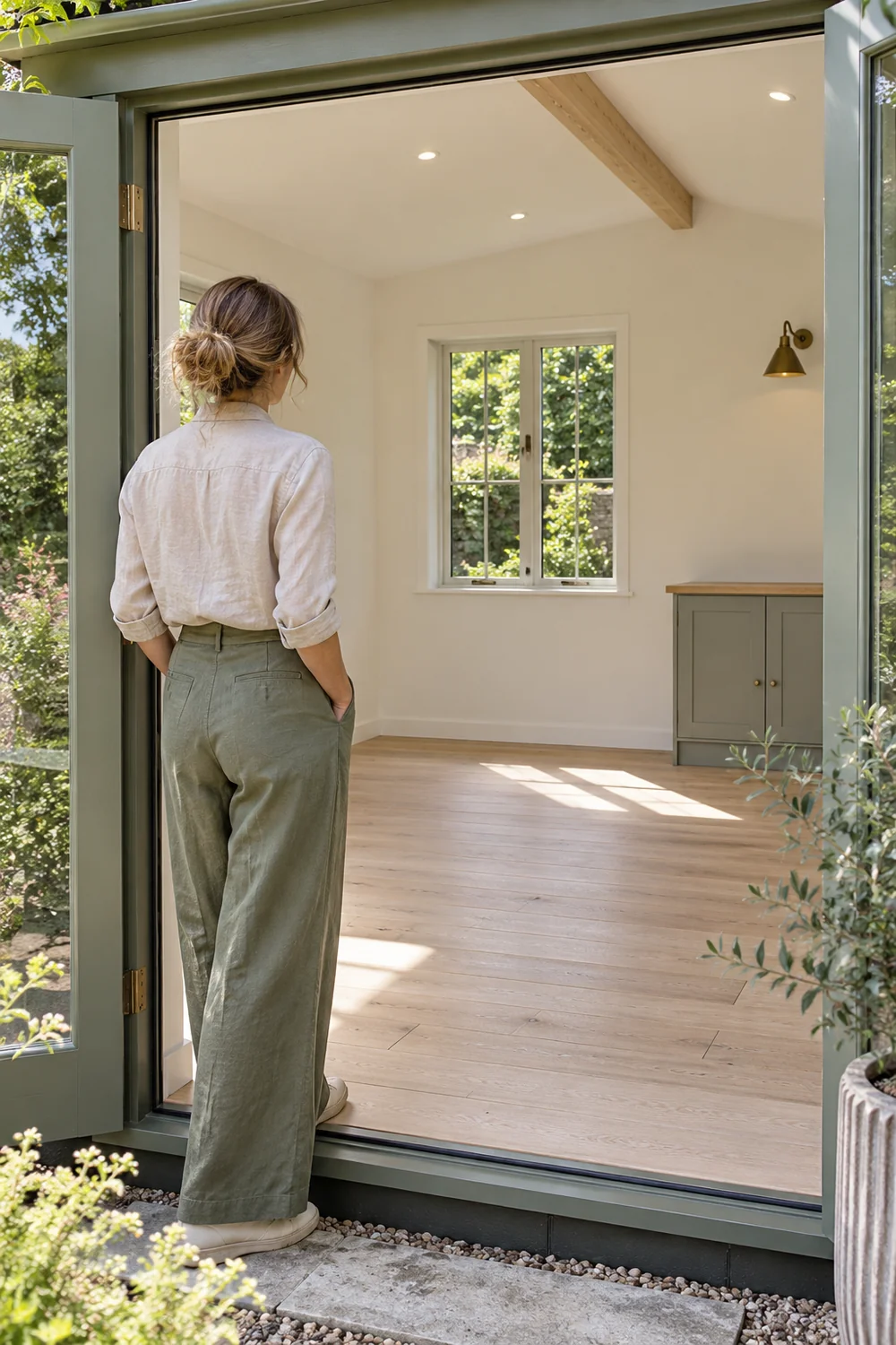 Woman studying an empty garden office from its open doorway
