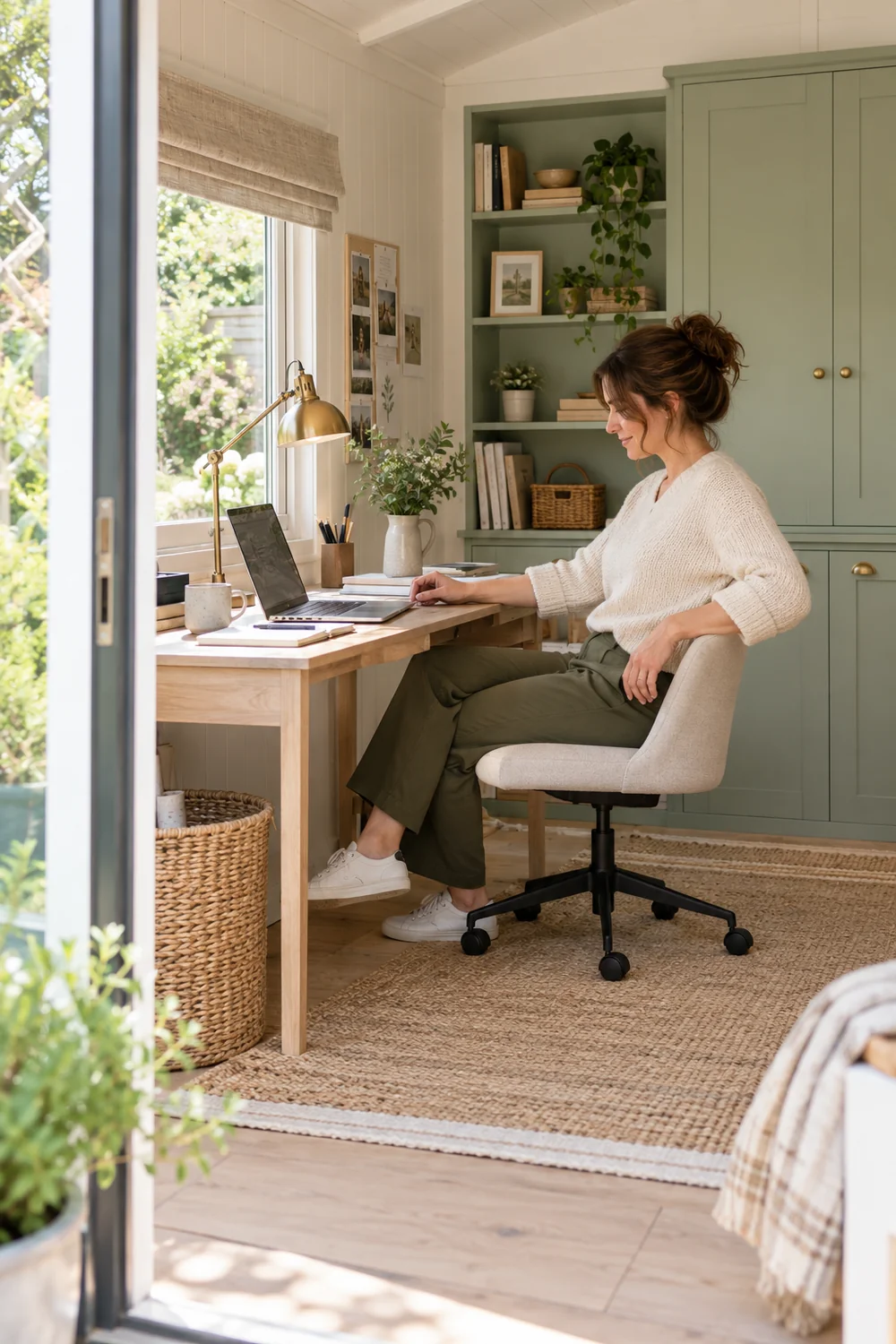 Woman testing her office chair and desk during a workday