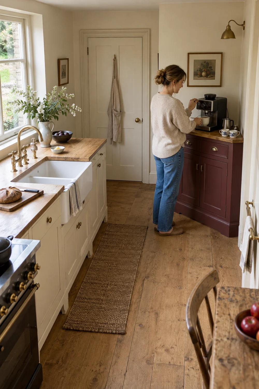 Woman using a coffee machine on a burgundy cabinet opposite a kitchen sink