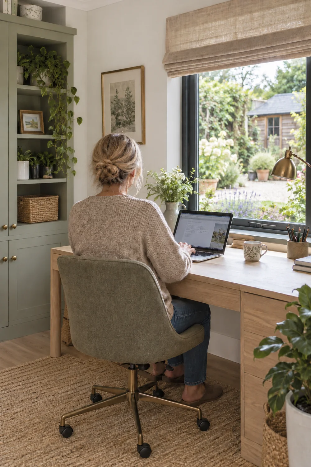 Woman working at an oak desk beside a garden office window