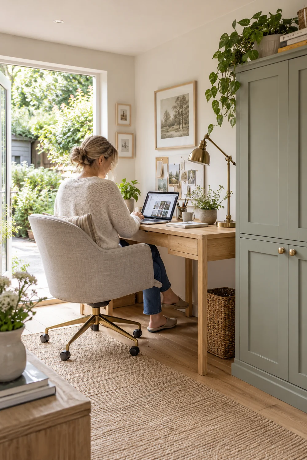 Woman working at an oak desk beside a sage cabinet