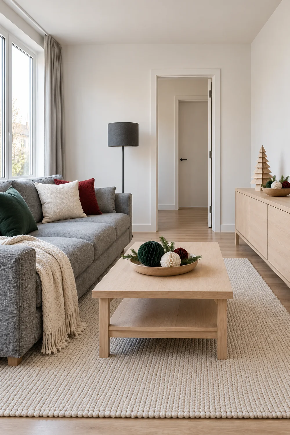 Wooden Christmas tree and paper ornaments in a grey living room without a floor tree