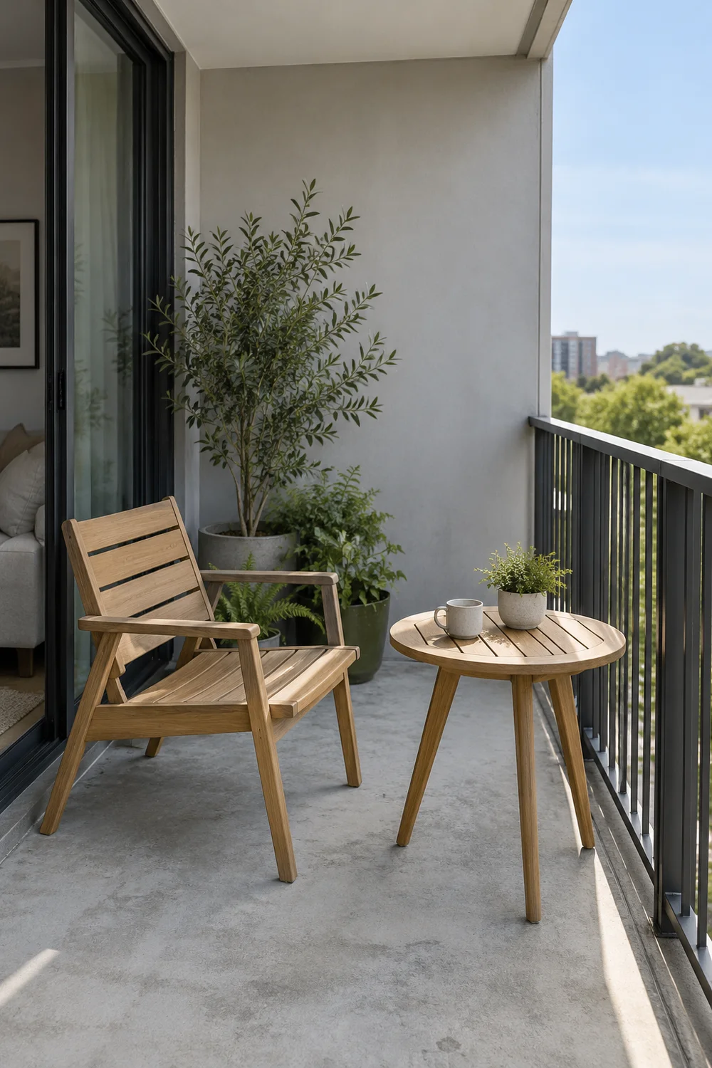 Wooden balcony chair and table without seat cushions beside grey planted containers