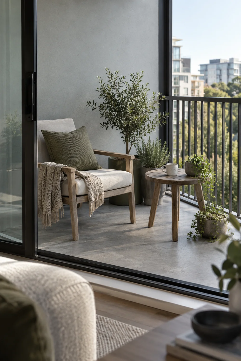 Wooden balcony seating viewed through a glass doorway from a living room
