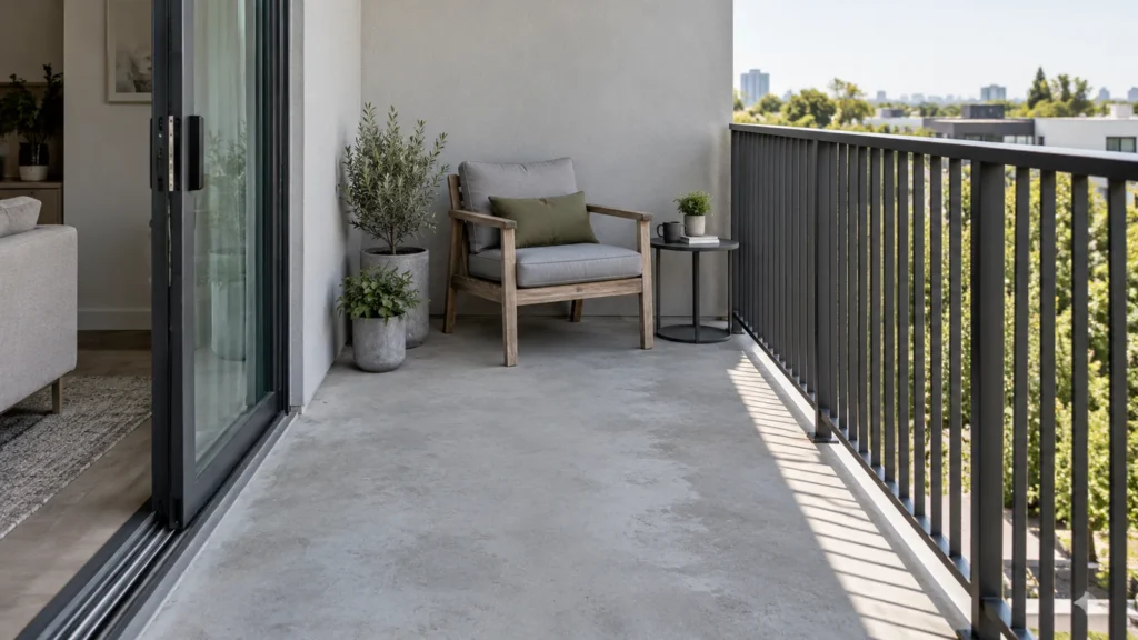Wooden chair and dark side table at the end of a grey balcony with an open doorway