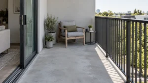 Wooden chair and dark side table at the end of a grey balcony with an open doorway
