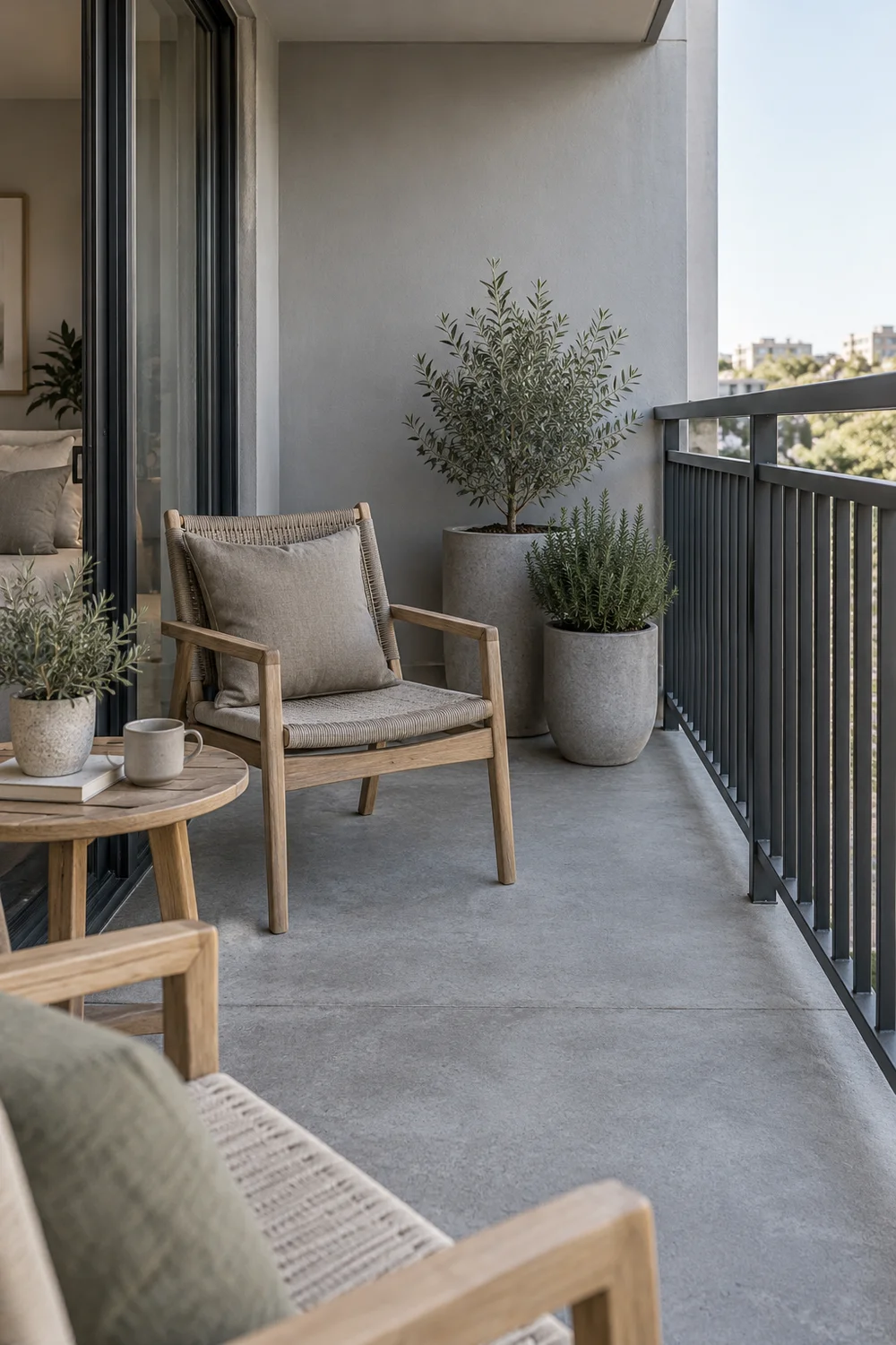 Wooden chair and planted grey containers beside an open balcony route