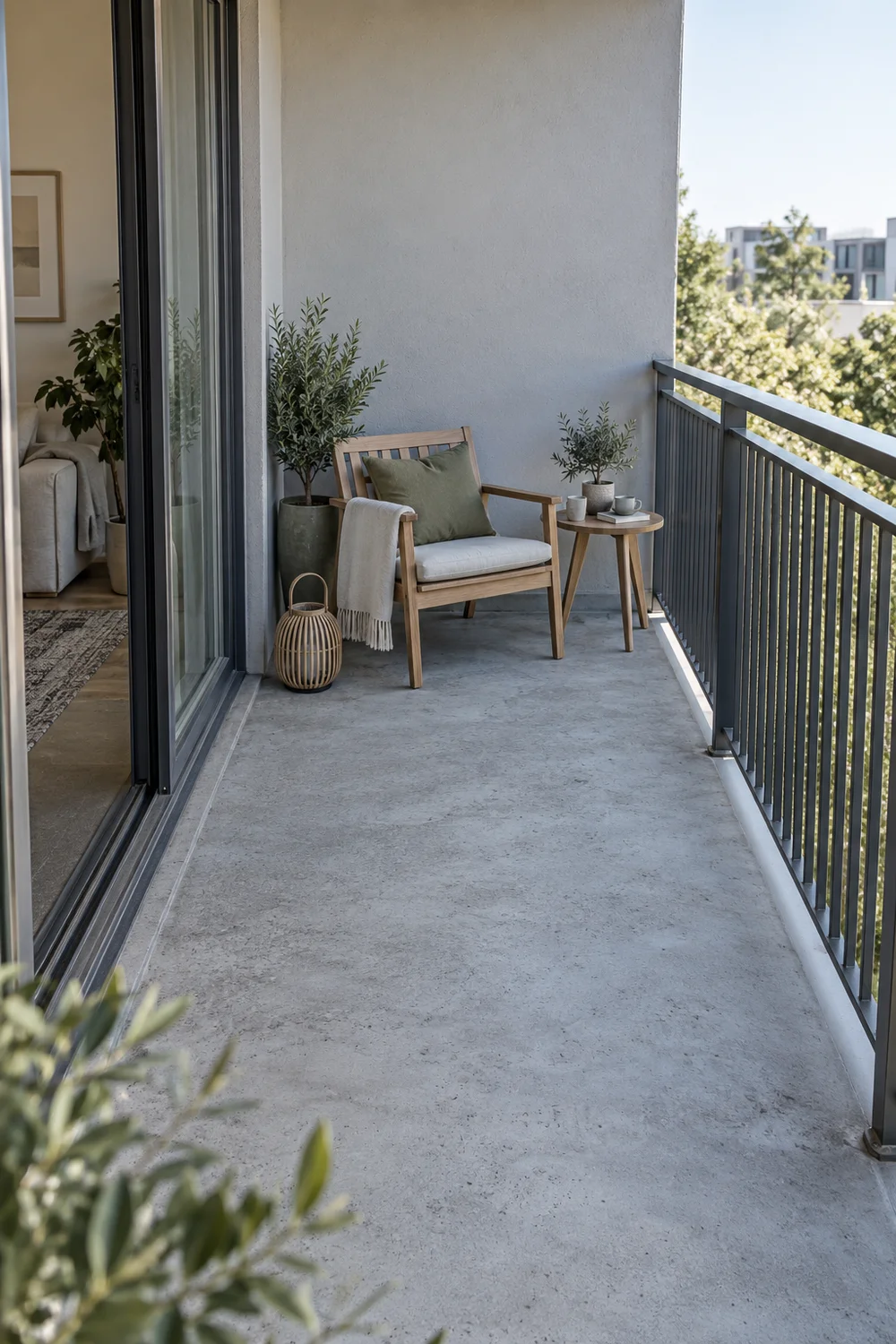 Wooden chair and small table beyond a clear grey balcony floor