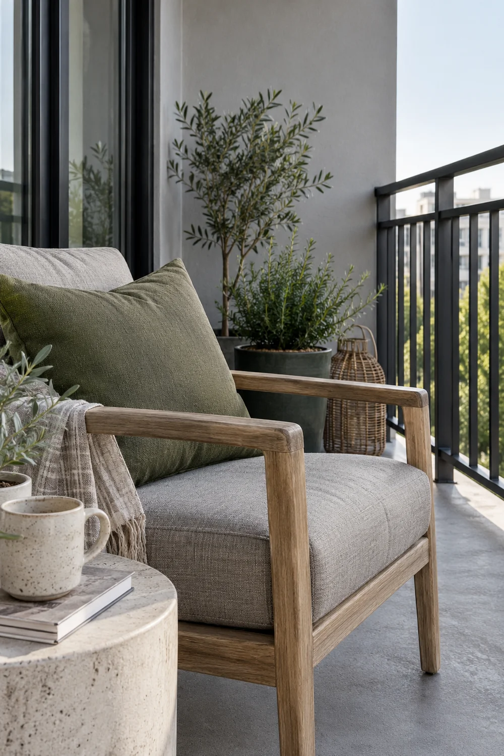 Wooden chair arm with grey upholstery and olive cushion beside a balcony table