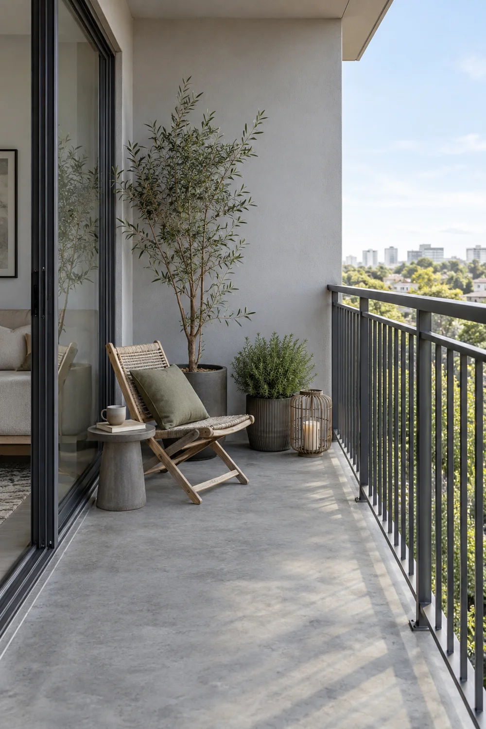Wooden chair facing a grey balcony wall beside two planted containers